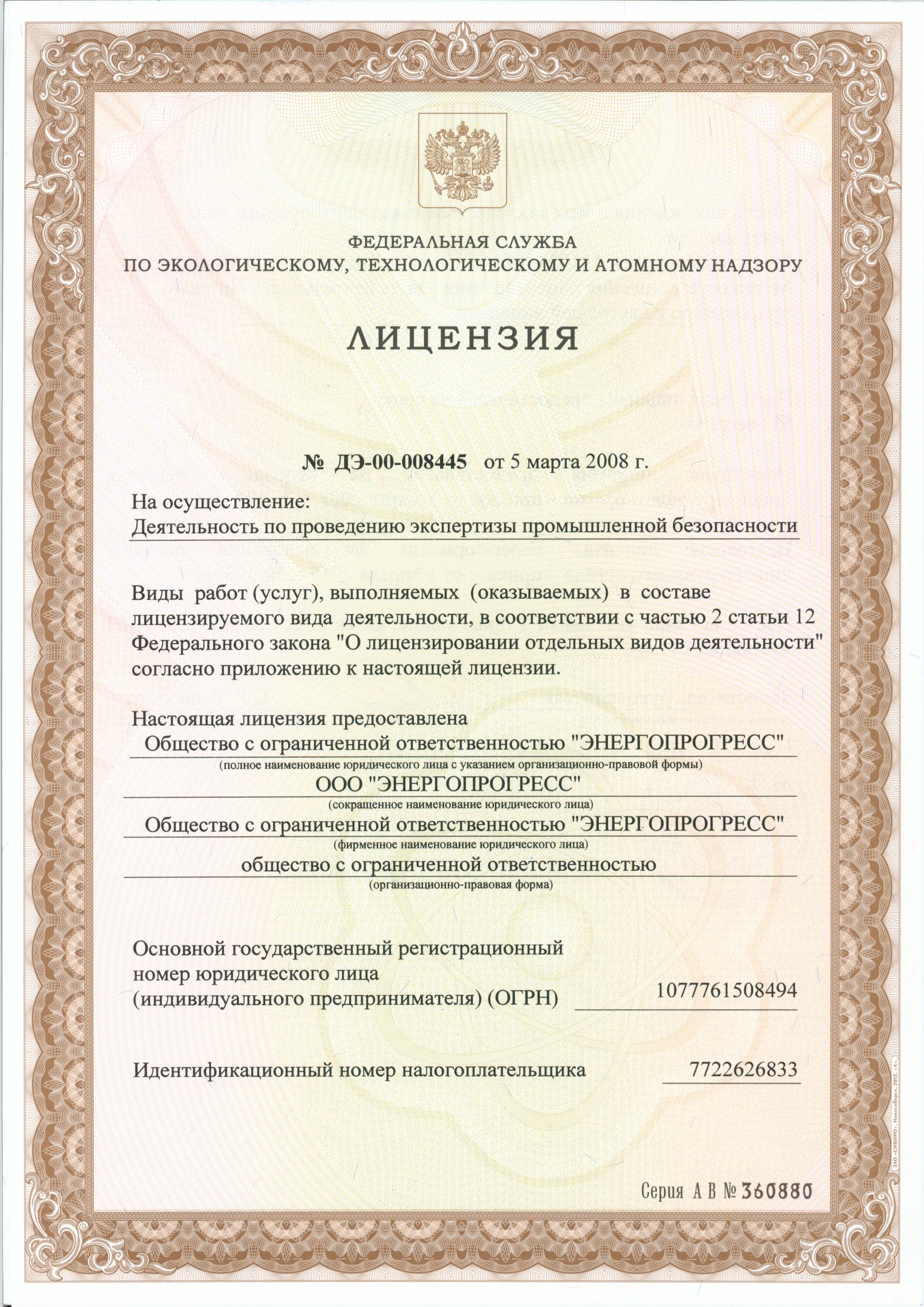 Лицензия Энергопрогресс: лист документа